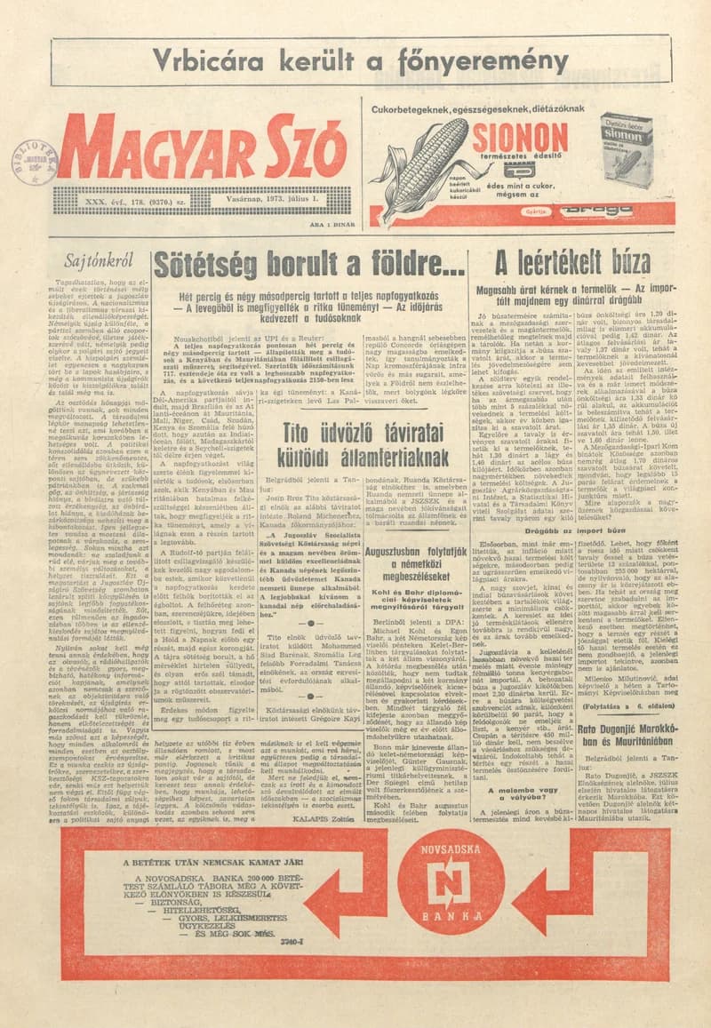 Magyar Szó, 30. évf. 1973. július 1. 178. sz. 1–32. oldal