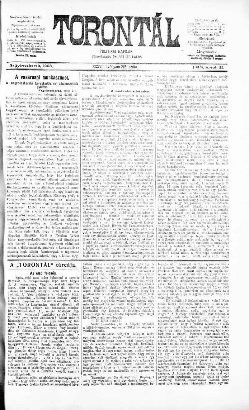 Torontál, 37. évf. 1908. szeptember 21. 215. sz.