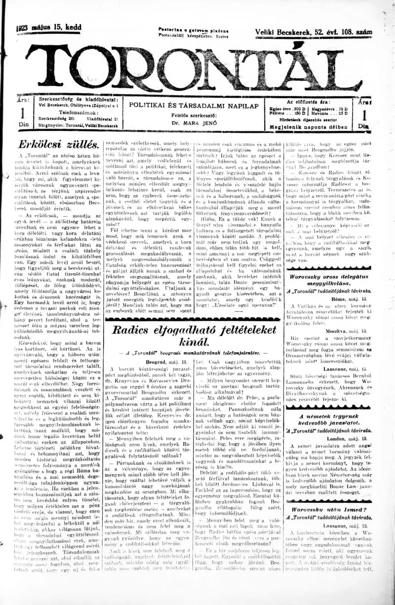 Torontál, 52. évf. 1923. május 15. 108. sz.