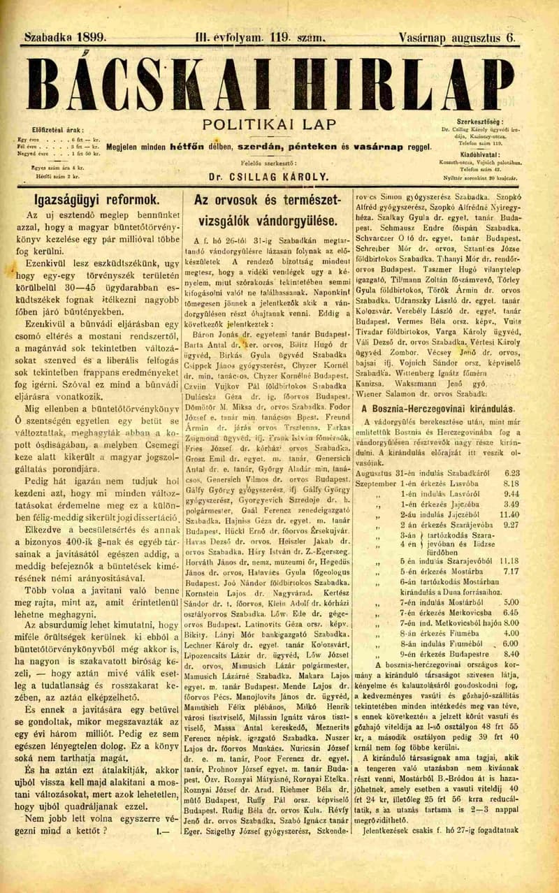 Bácskai Hirlap, 3. évf. 1899. augusztus 6. 119. sz.