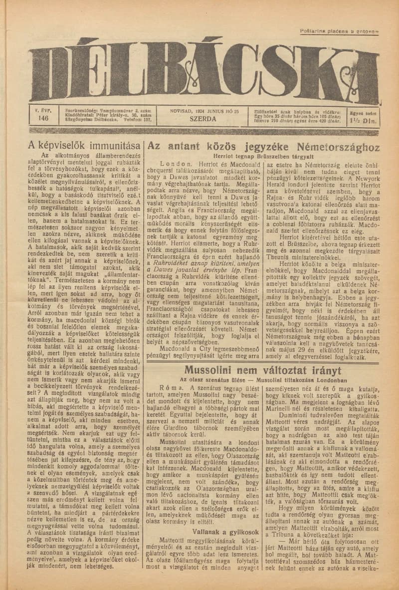 Délbácska, 5. évf. 1924. június 25. 146. sz.