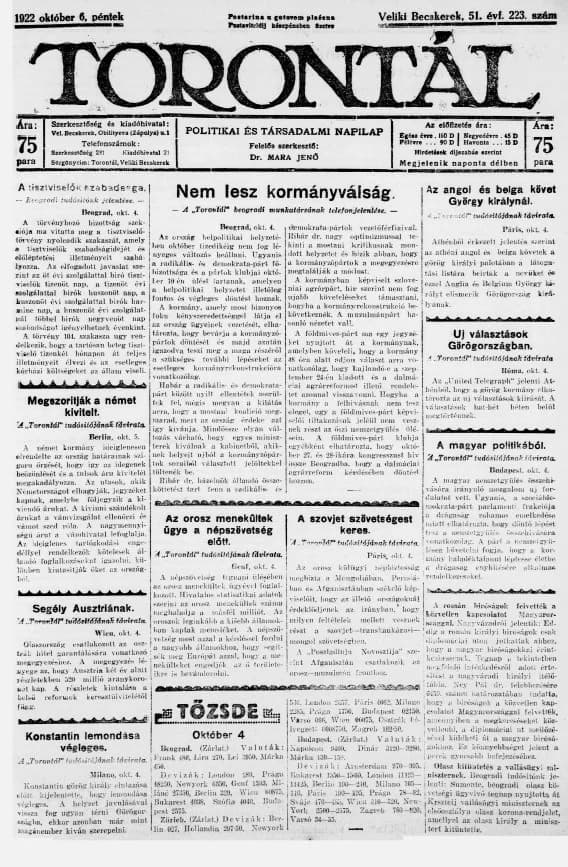 Torontál, 51. évf. 1922. október 6. 223. sz.