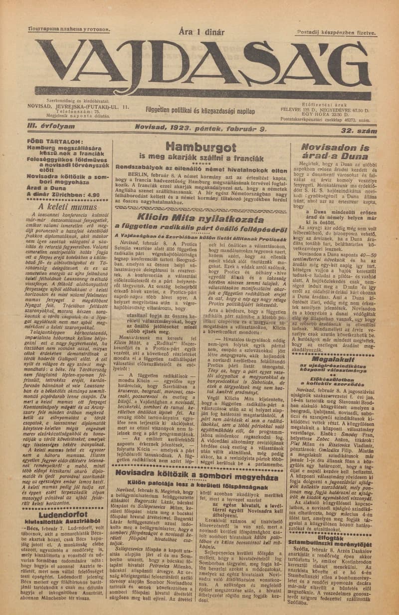 Vajdaság, 3. évf. 1923. február 9. 32. sz.