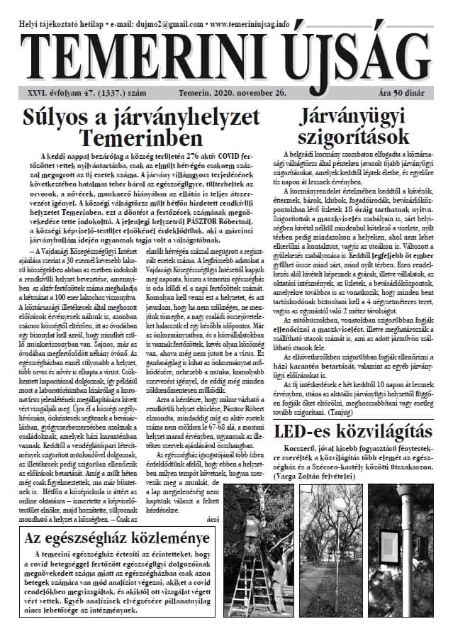 Temerini Újság, 26. évf. 2020. november 26. 47. sz.