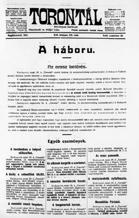 Torontál, 43. évf. 1914. szeptember 29. 220. sz.