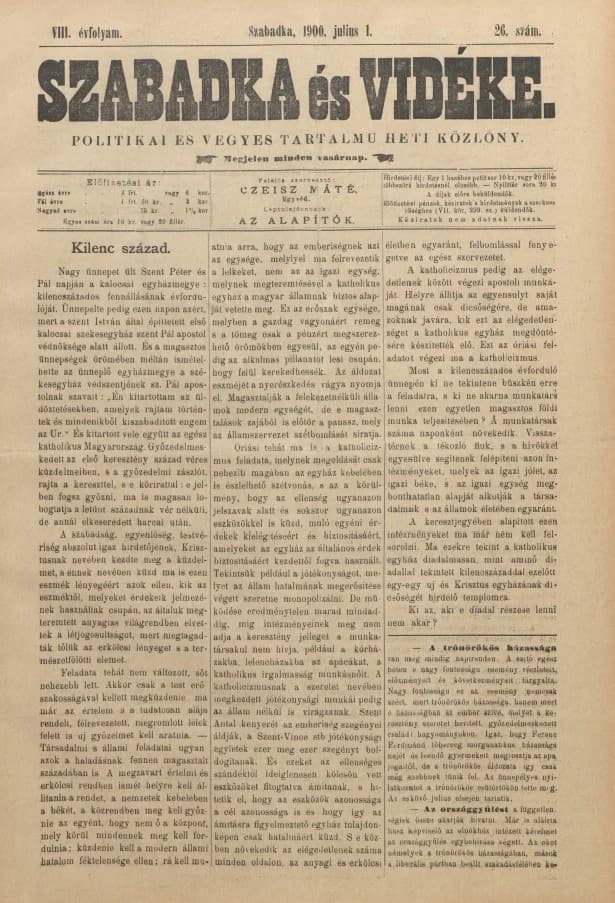 Szabadka és vidéke II, 8. évf. 1900. július 1. 26. sz.