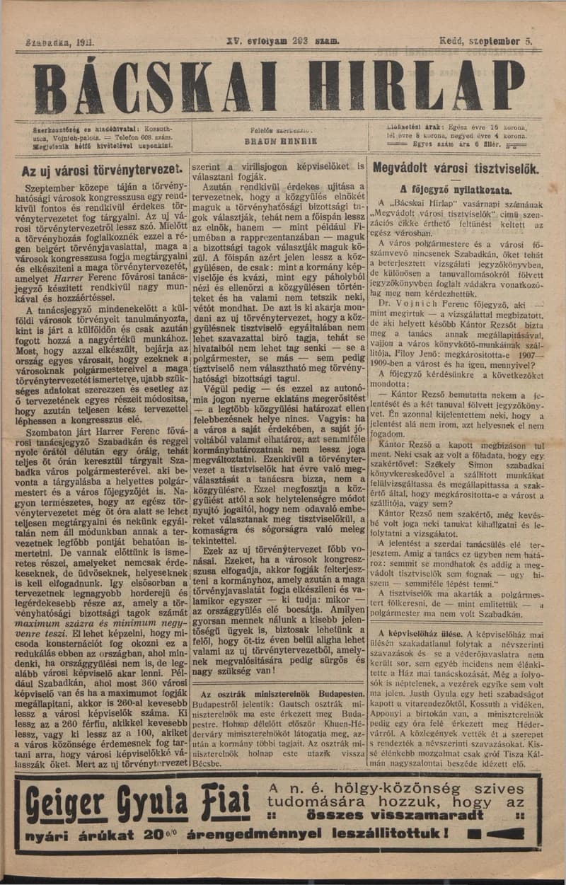 Bácskai Hirlap, 15. évf. 1911. szeptember 5. 203. sz.