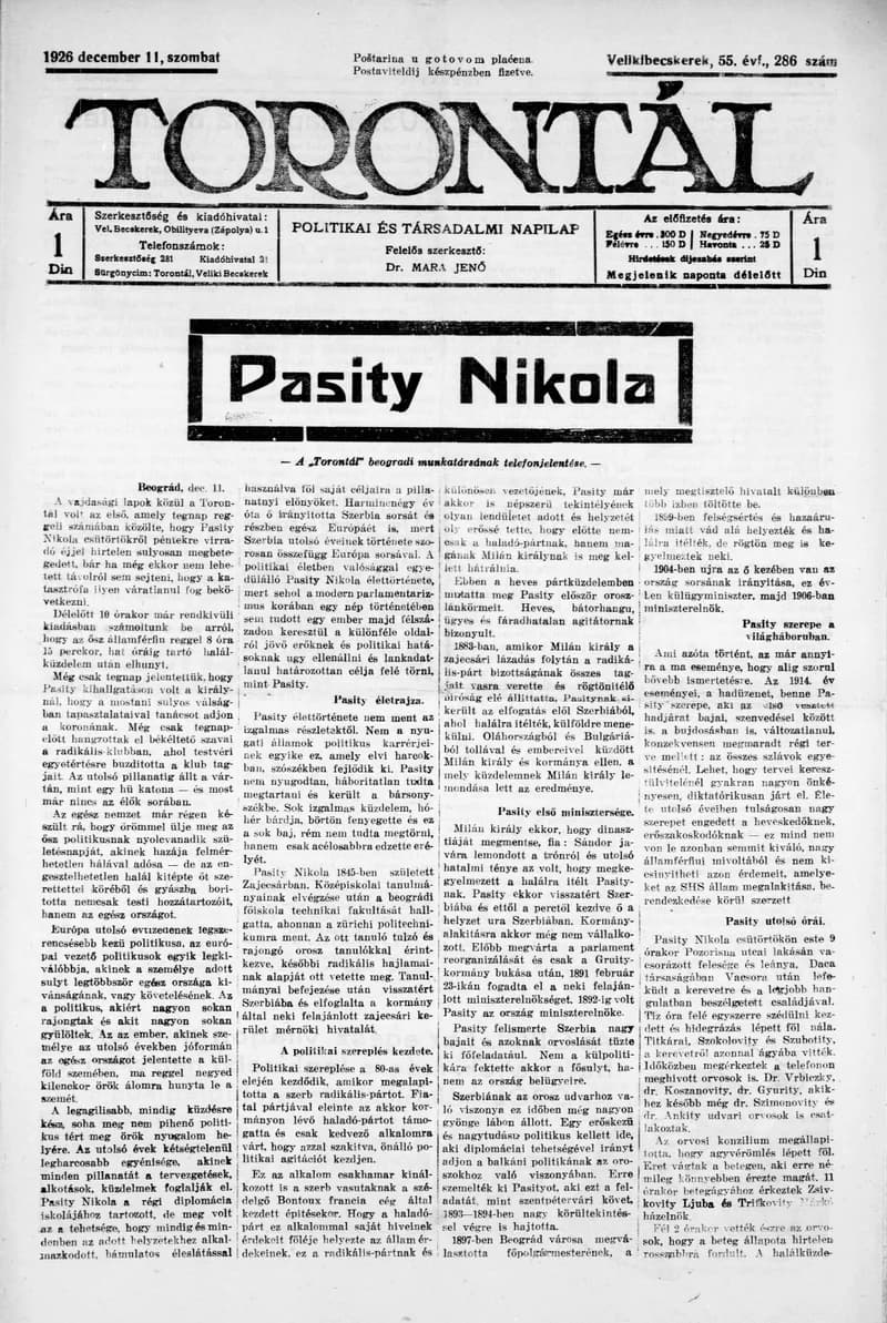 Torontál, 55. évf. 1926. december 11. 286. sz.