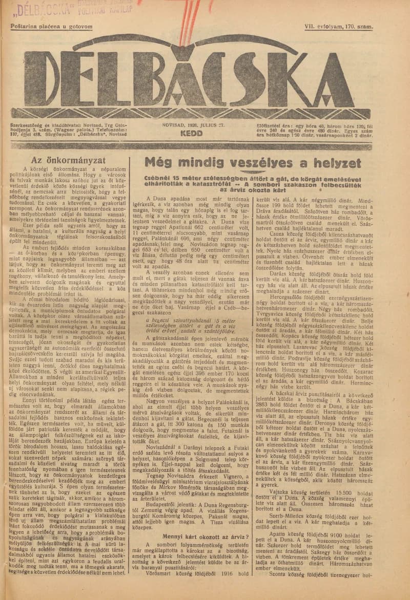 Délbácska, 7. évf. 1926. július 27. 170. sz.