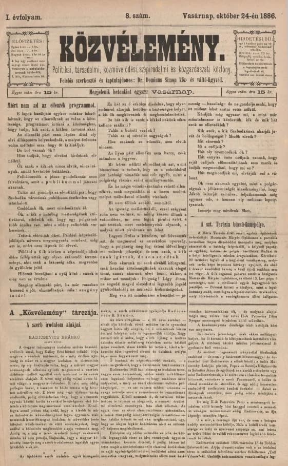 Közvélemény, 1. évf. 1886. október 24. 8. sz.