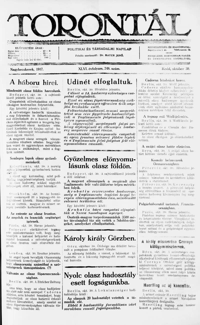 Torontál, 46. évf. 1917. október 30. 248. sz.