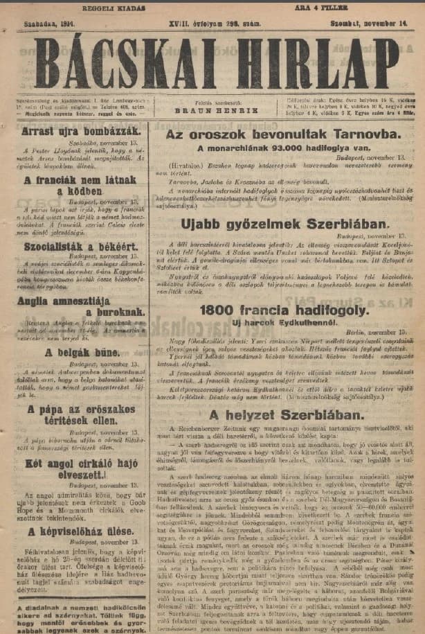 Bácskai Hirlap, 18. évf. 1914. november 14. 298. sz.