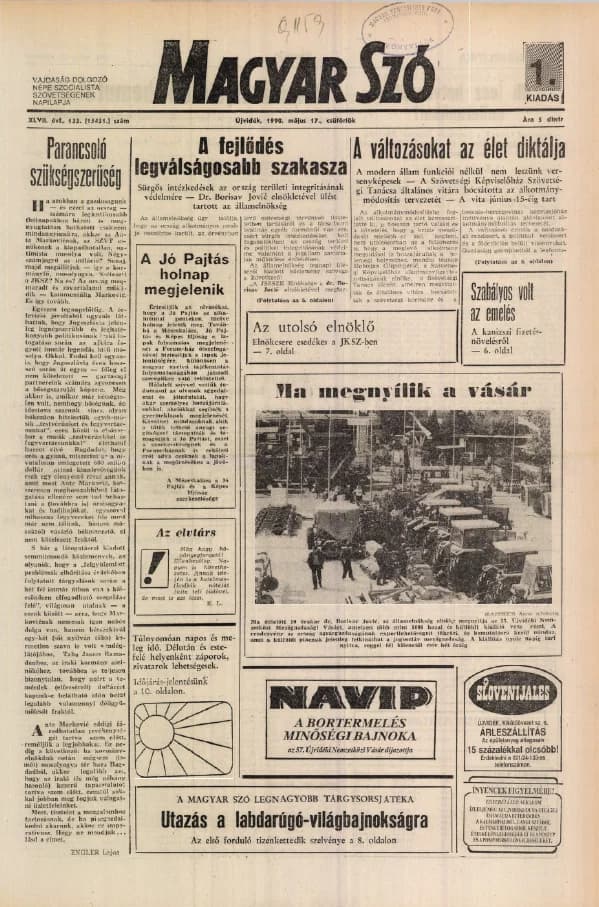 Magyar Szó, 47. évf. 1990. május 17. 133. sz. 1–20. oldal