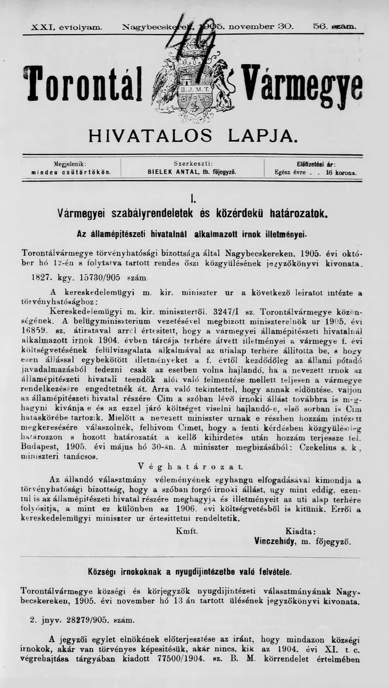 Torontál Vármegye Hivatalos Lapja, 21. évf. 1905. november 30. 56. sz.