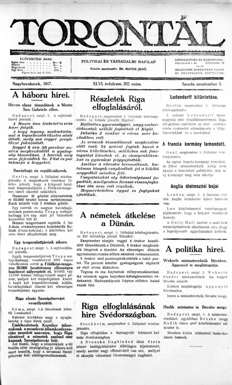 Torontál, 46. évf. 1917. szeptember 5. 202. sz.