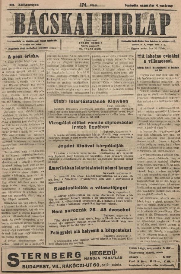 Bácskai Hirlap, 22. évf. 1918. augusztus 4. 174. sz.