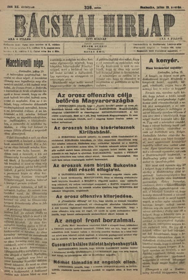 Bácskai Hirlap, 20. évf. 1916. július 19. 326. sz.