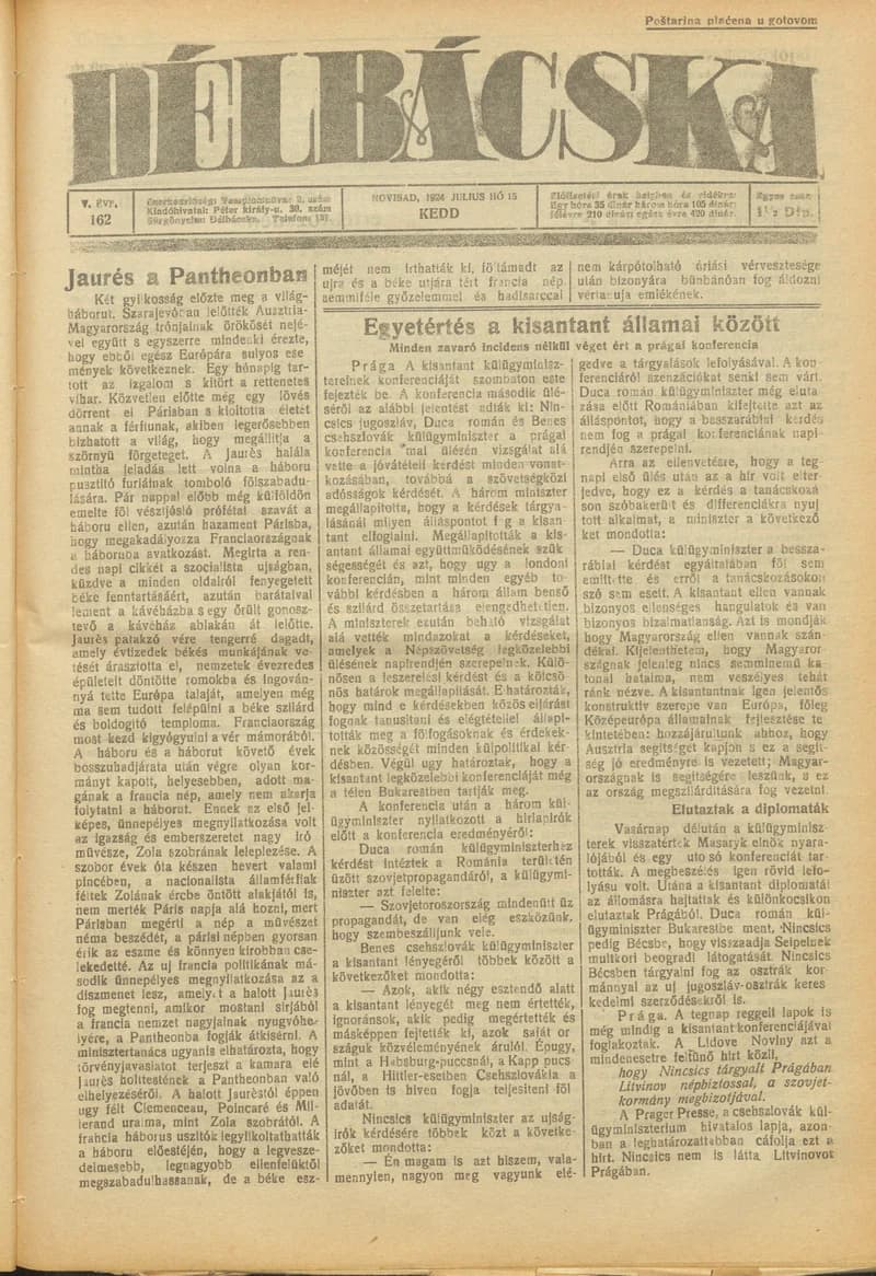 Délbácska, 5. évf. 1924. július 15. 162. sz.