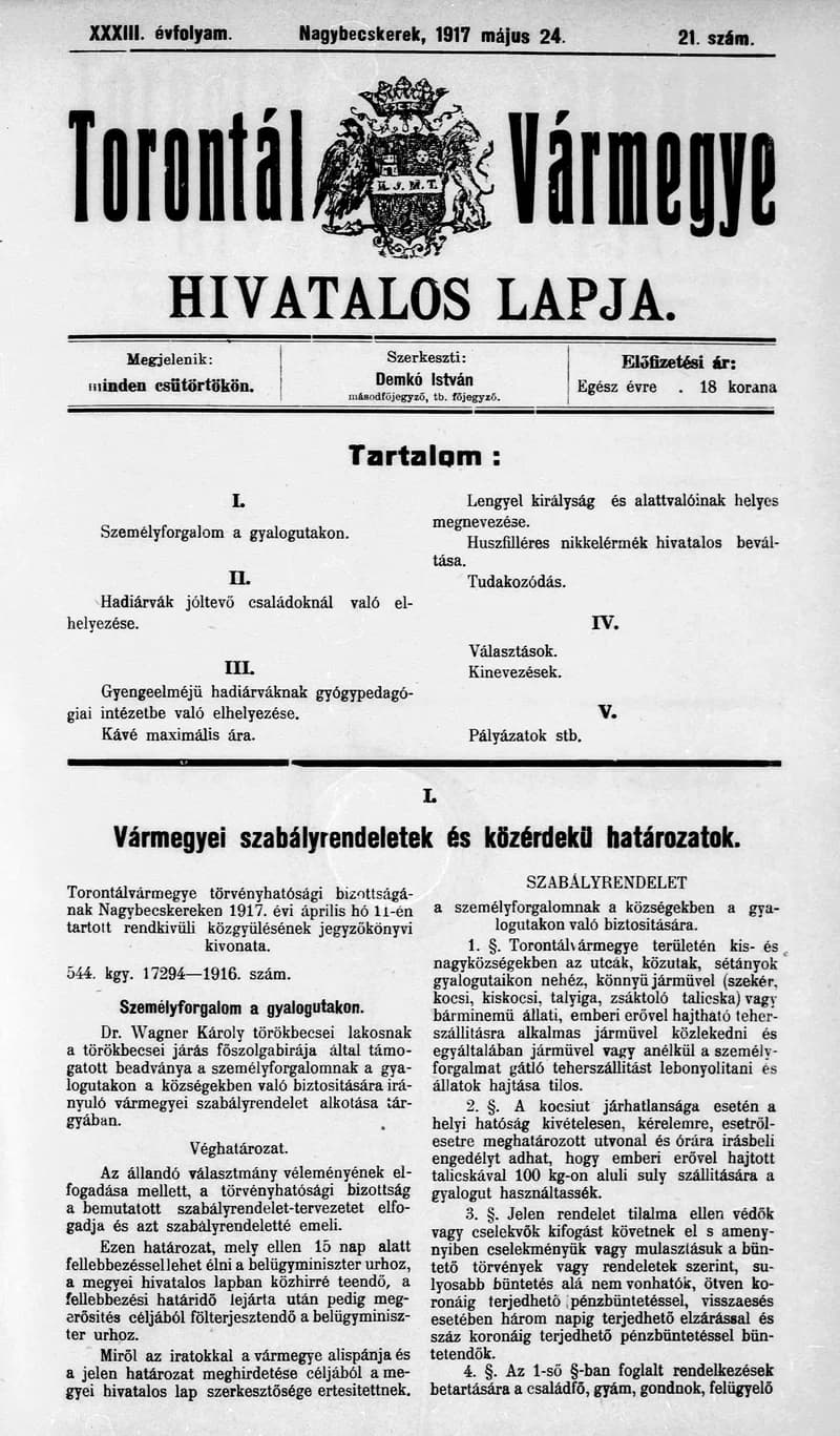 Torontál Vármegye Hivatalos Lapja, 33. évf. 1917. május 24. 21. sz.