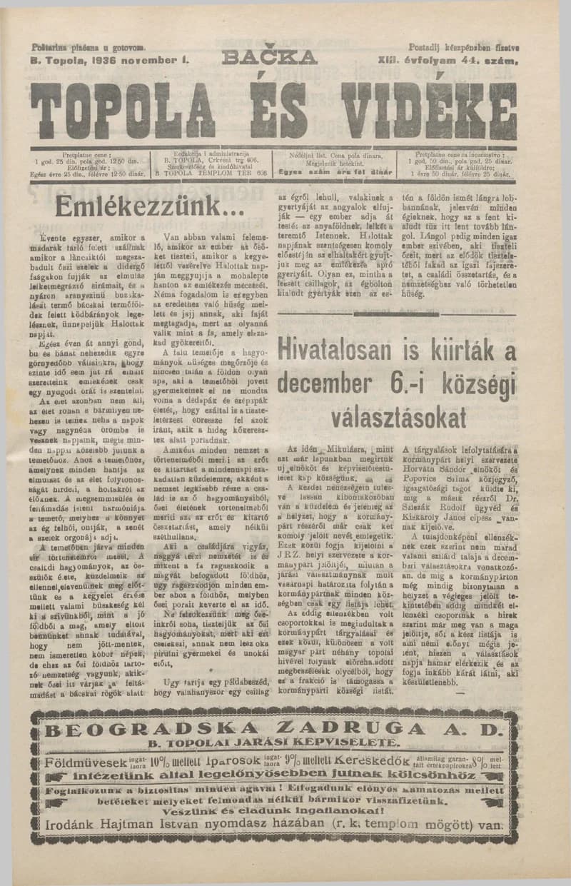 Bačka Topola és Vidéke, 13. évf. 1936. november 1. 44. sz.