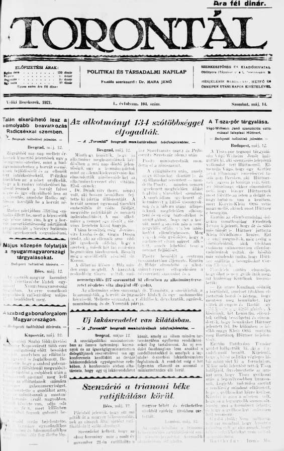 Torontál, 50. évf. 1921. május 14. 104. sz.