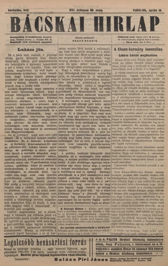 Bácskai Hirlap, 16. évf. 1912. április 18. 88. sz.
