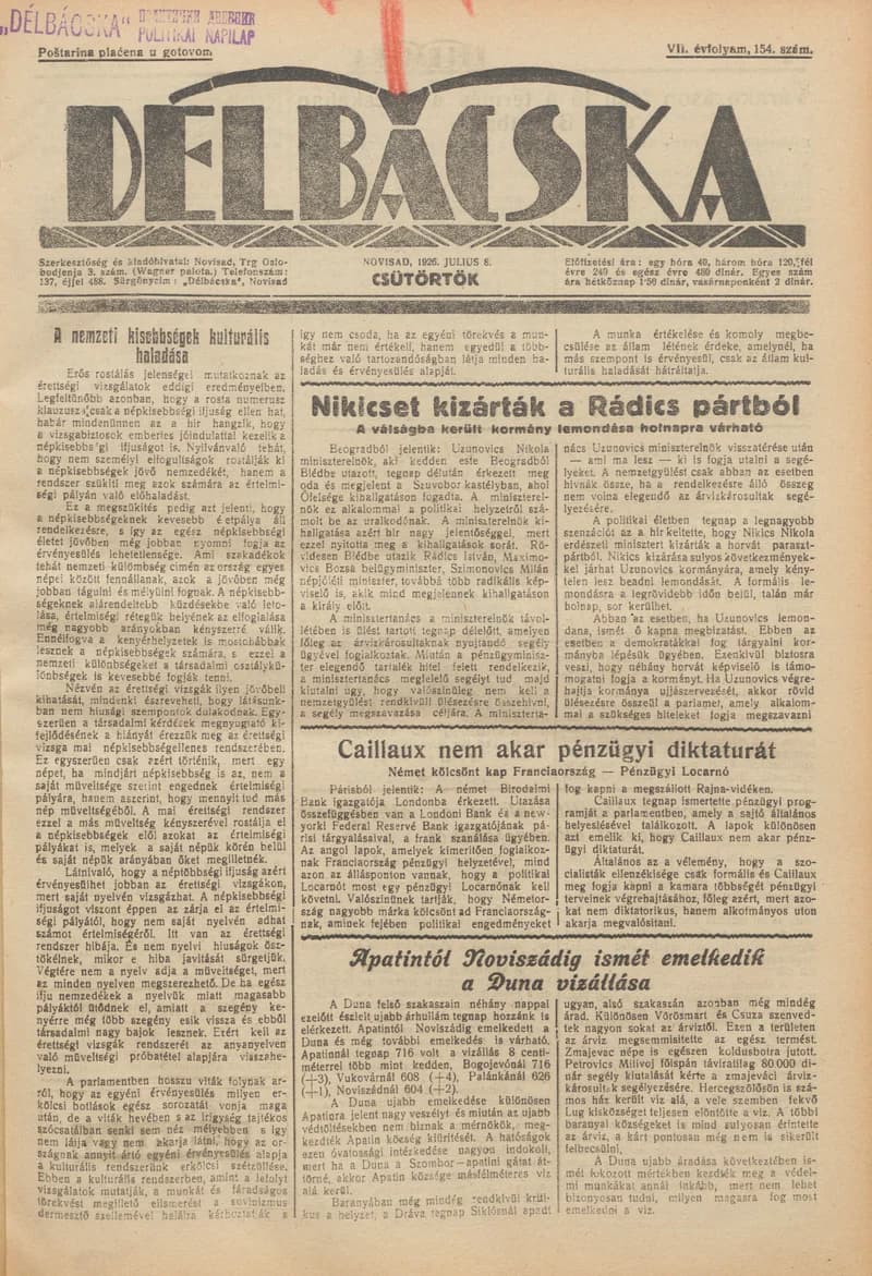 Délbácska, 7. évf. 1926. július 8. 154. sz.