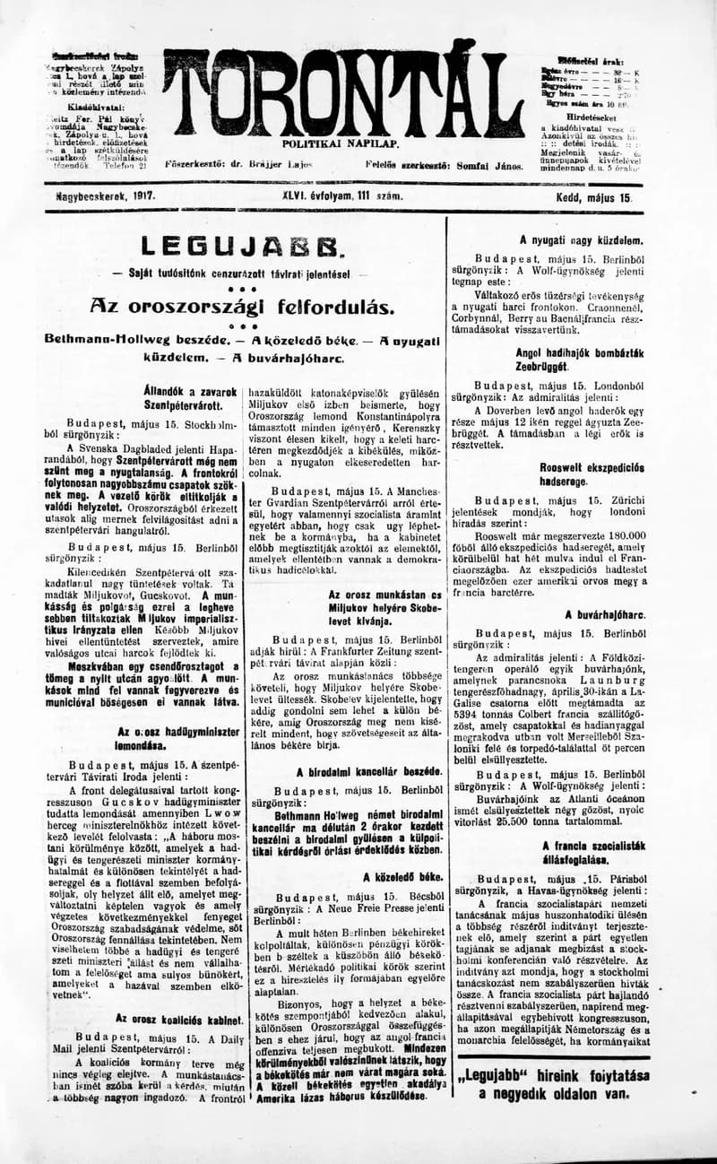 Torontál, 46. évf. 1917. május 15. 111. sz.