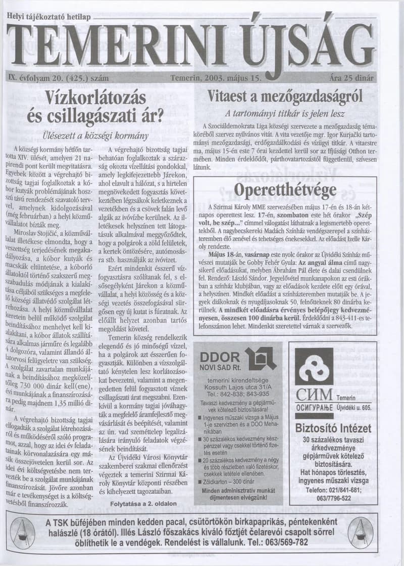 Temerini Újság, 9. évf. 2003. május 15. 20. sz.