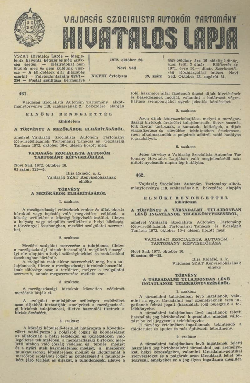 Vajdaság Szocialista Autonóm Tartomány Hivatalos Lapja, 28. évf. 1972. október 20. 19. sz. 681–684. oldal