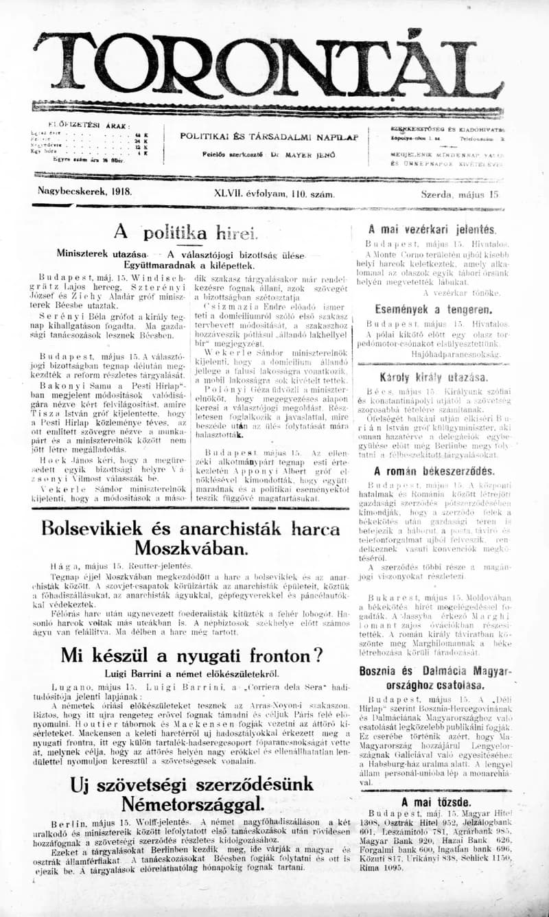 Torontál, 47. évf. 1918. május 15. 110. sz.