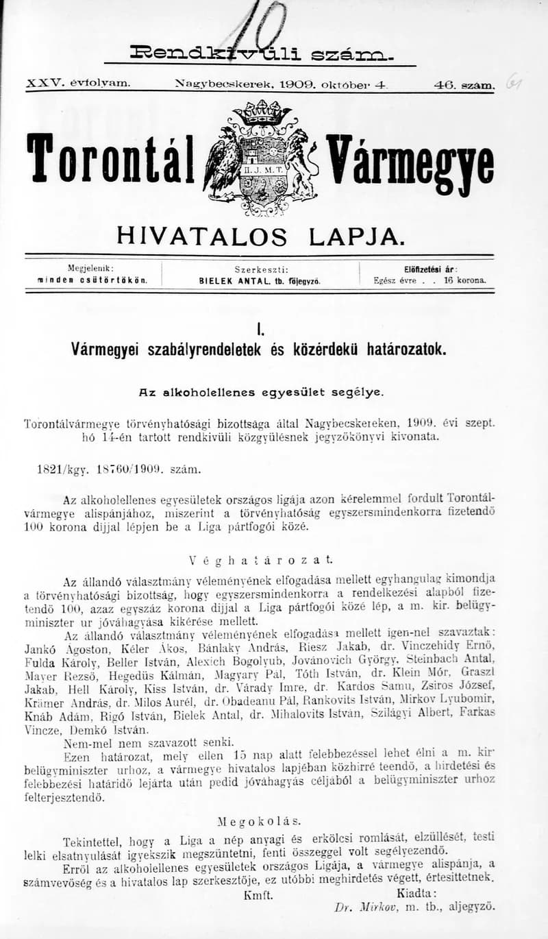 Torontál Vármegye Hivatalos Lapja, 25. évf. 1909. október 4. 46. sz.