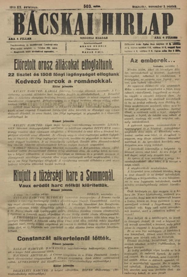 Bácskai Hirlap, 20. évf. 1916. november 3. 503. sz.