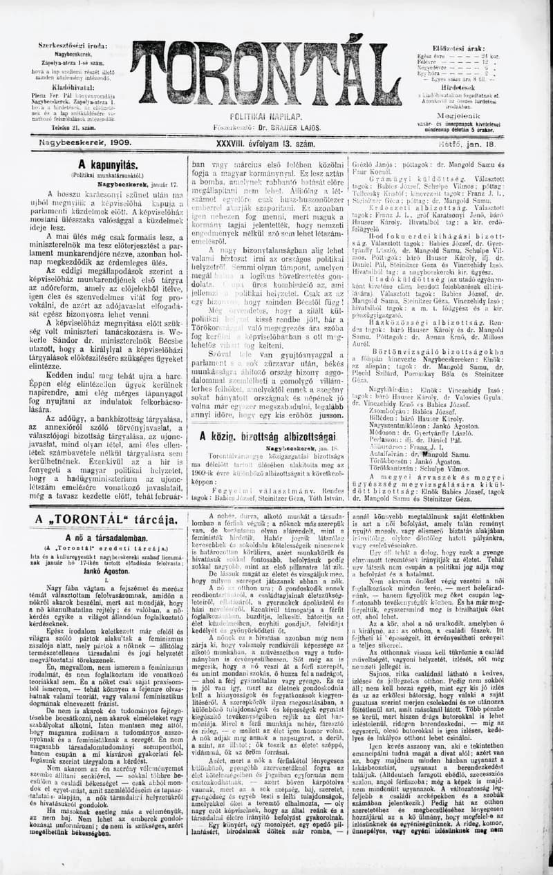 Torontál, 38. évf. 1909. január 18. 13. sz.