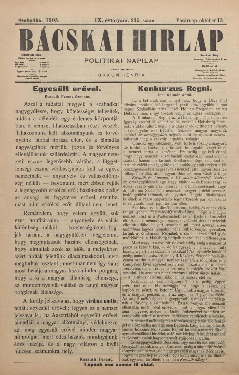 Bácskai Hirlap, 9. évf. 1905. október 15. 239. sz.