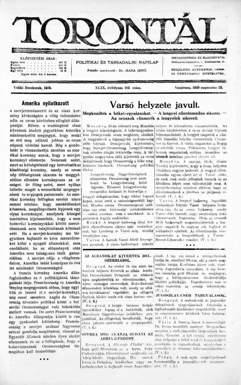 Torontál, 49. évf. 1920. augusztus 22. 183. sz.