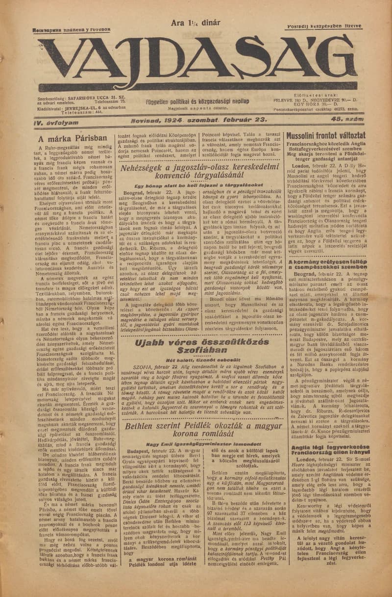Vajdaság, 4. évf. 1924. február 23. 45. sz.