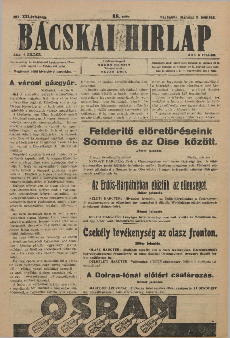Bácskai Hirlap, 21. évf. 1917. március 9. 88. sz.