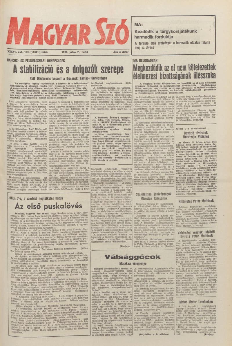 Magyar Szó, 37. évf. 1980. július 7. 185. sz. 1–16. oldal