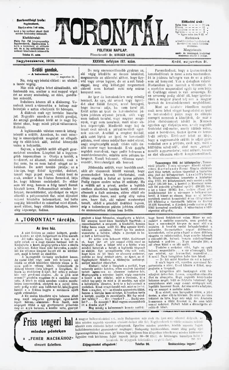 Torontál, 38. évf. 1909. augusztus 31. 197. sz.