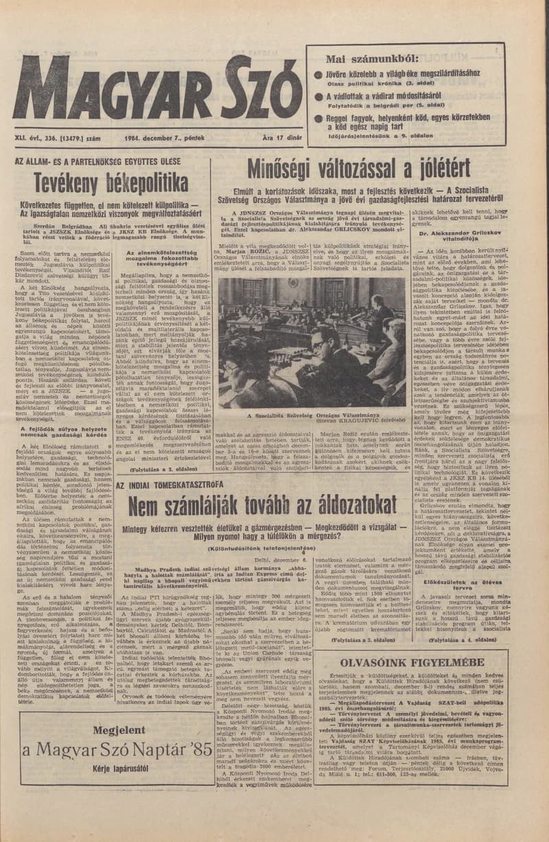 Magyar Szó, 41. évf. 1984. december 7. 336. sz. 1–20. oldal