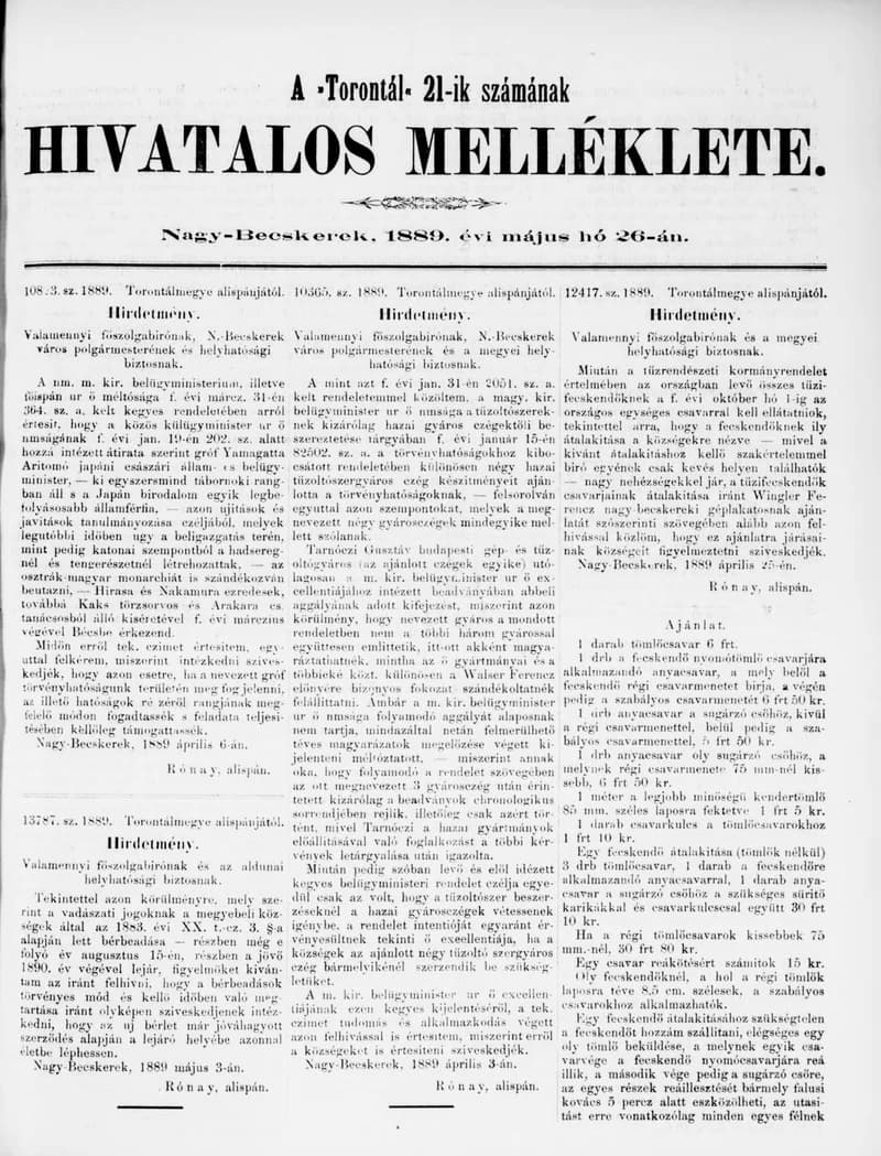 A Totontál  hivatalos melléklete, 2. évf. 1889. május 26. 21. sz.