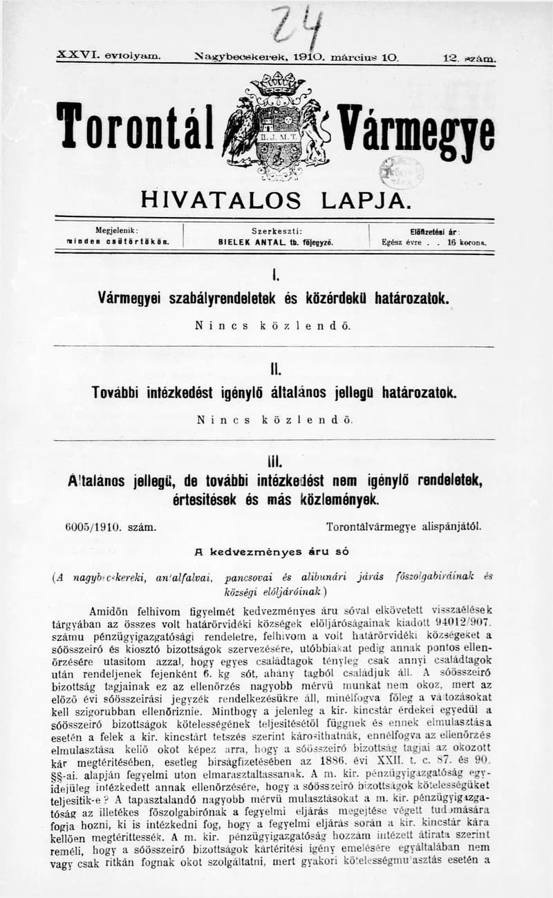Torontál Vármegye Hivatalos Lapja, 26. évf. 1910. március 10. 12. sz.