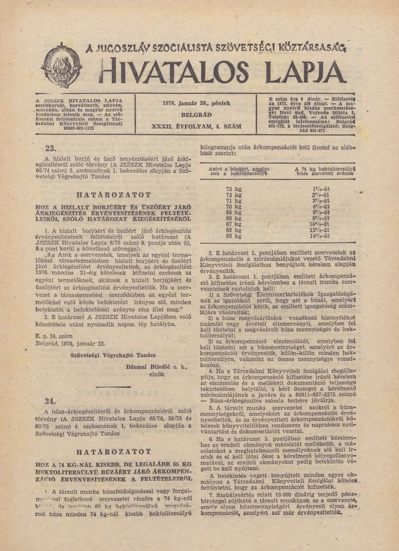 A Jugoszláv Szocialista Szövetségi Köztársaság Hivatalos Lapja, 32. évf. 1976. január 30. 4. sz. 65–76. oldal