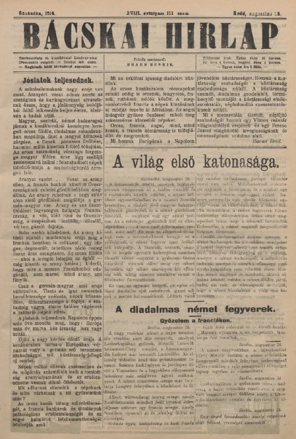 Bácskai Hirlap, 18. évf. 1914. augusztus 25. 191. sz.