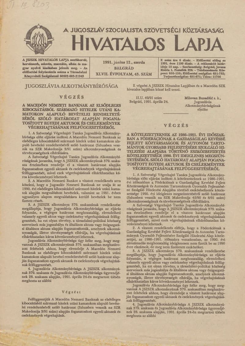 A Jugoszláv Szocialista Szövetségi Köztársaság Hivatalos Lapja, 47. évf. 1991. június 12. 43. sz. 685–688. oldal