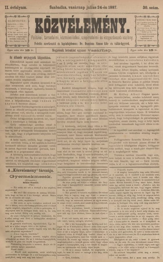 Közvélemény, 2. évf. 1887. július 24. 30. sz.