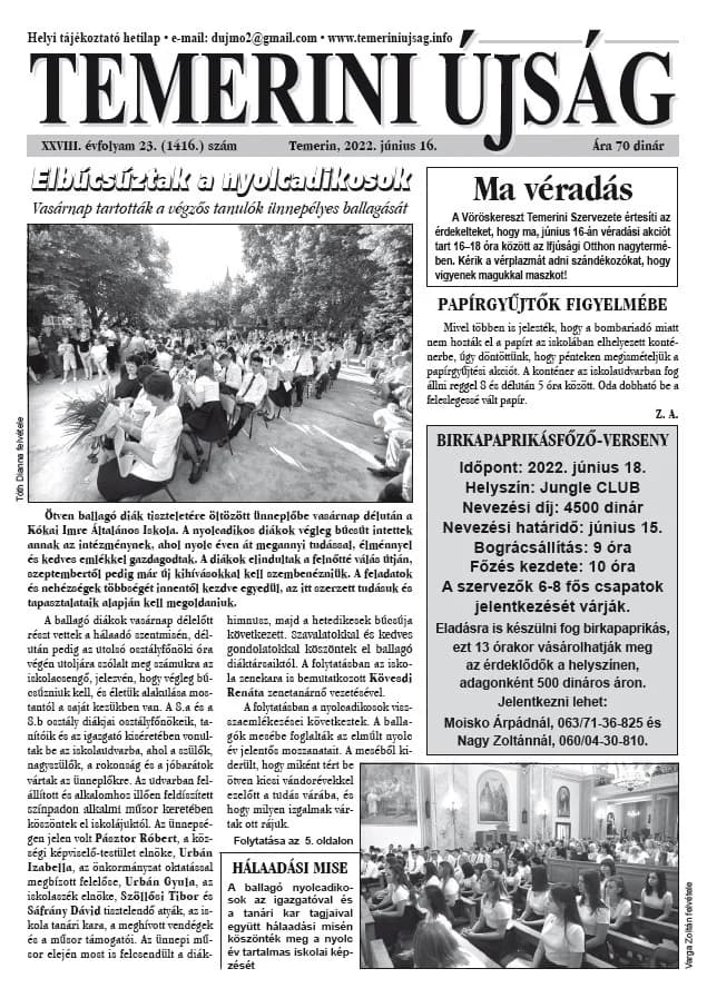 Temerini Újság, 28. évf. 2022. június 16. 23. sz.