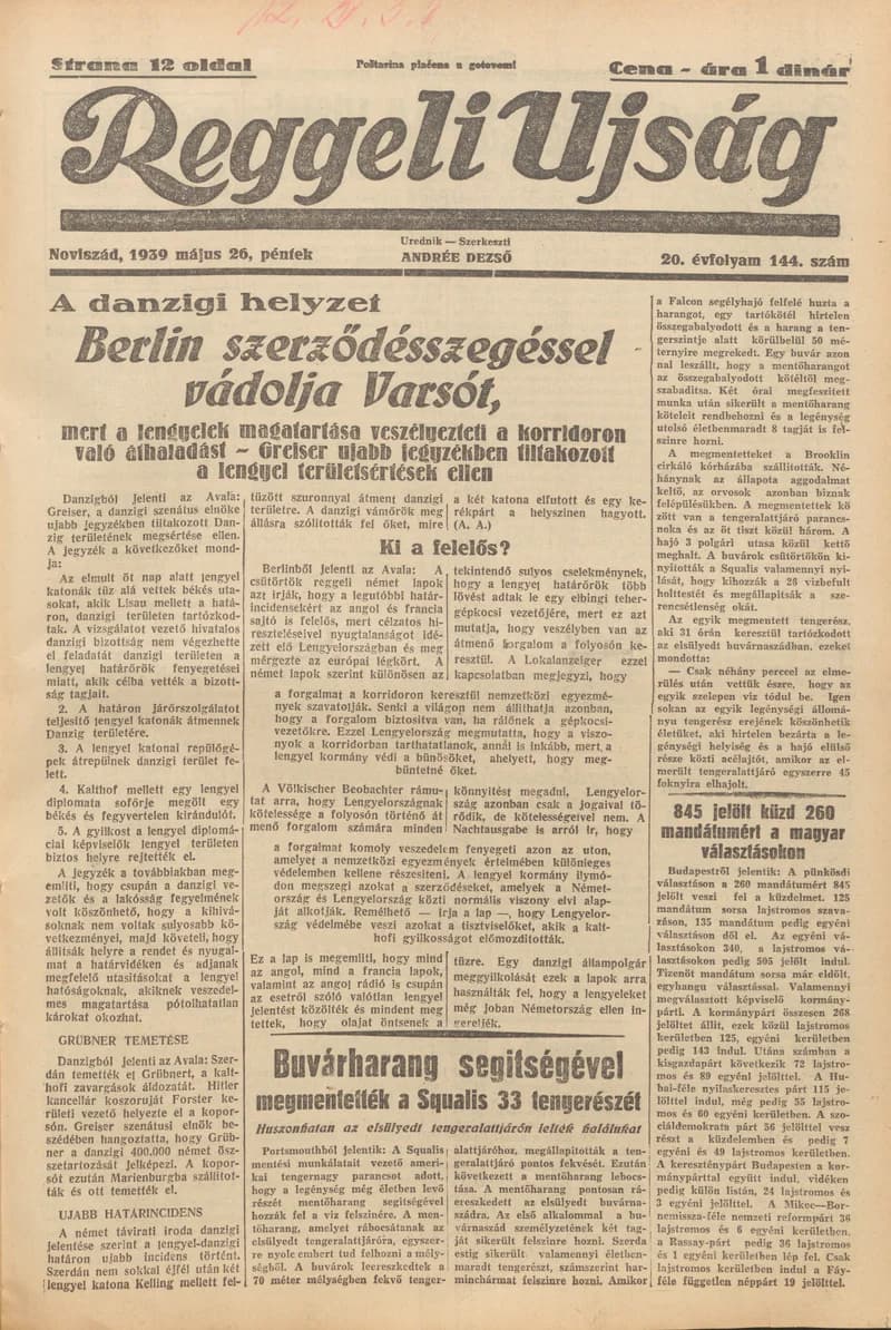 Reggeli Újság, 20. évf. 1939. május 26. 144. sz.