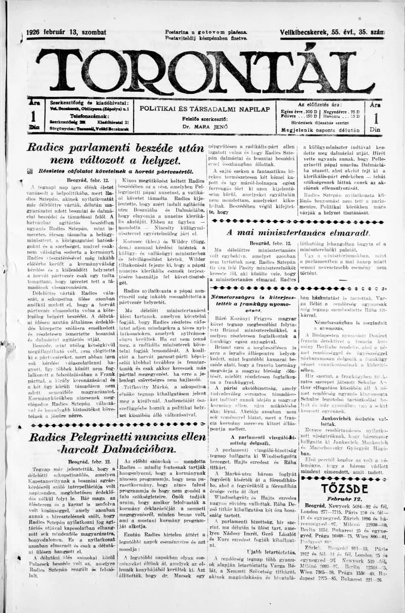 Torontál, 55. évf. 1926. február 13. 35. sz.